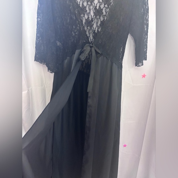 Black Lace Satin Whimsigoth Maxi Length Open Front Bowtie 3/4 Sleeve Robe Size M - Picture 6 of 14